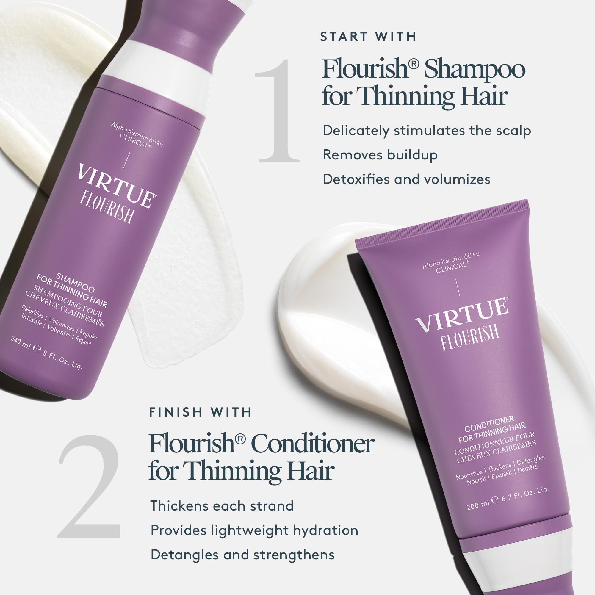 VIRTUE Flourish color-safe formula protecting color while hydrating and detangling fine hair