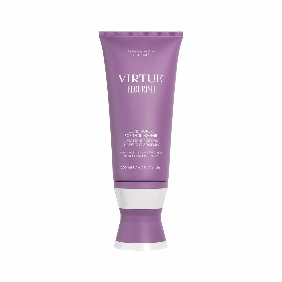 Virtue Flourish Conditioner bottle for thinning hair on a bathroom shelf.