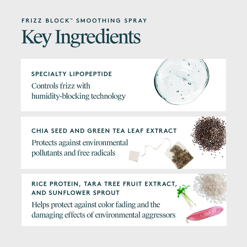 VIRTUE Frizz Block Smoothing Spray bottle close-up highlighting silicone-free, color-safe formula.