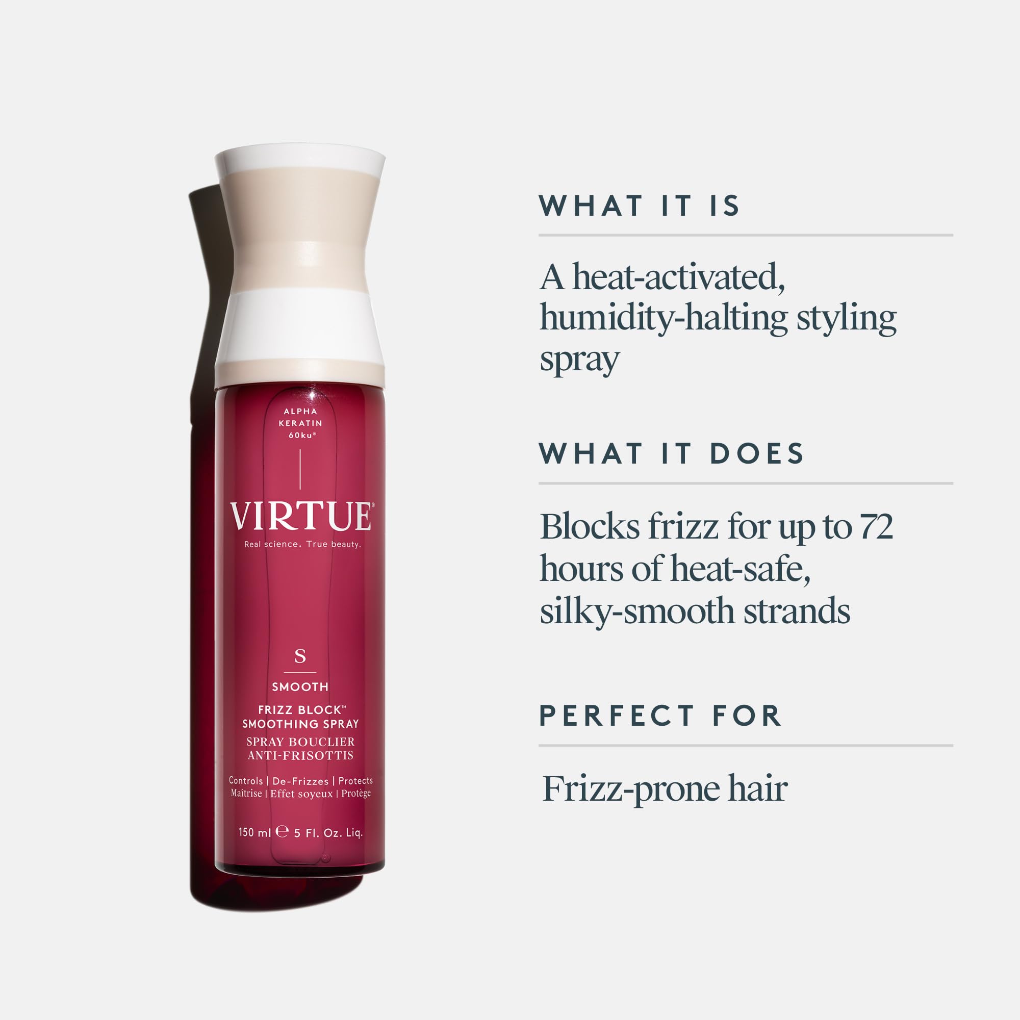 VIRTUE Frizz Block Smoothing Spray in hand ready for easy spray application and styling.