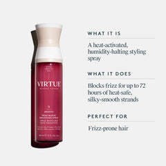VIRTUE Frizz Block Smoothing Spray in hand ready for easy spray application and styling.