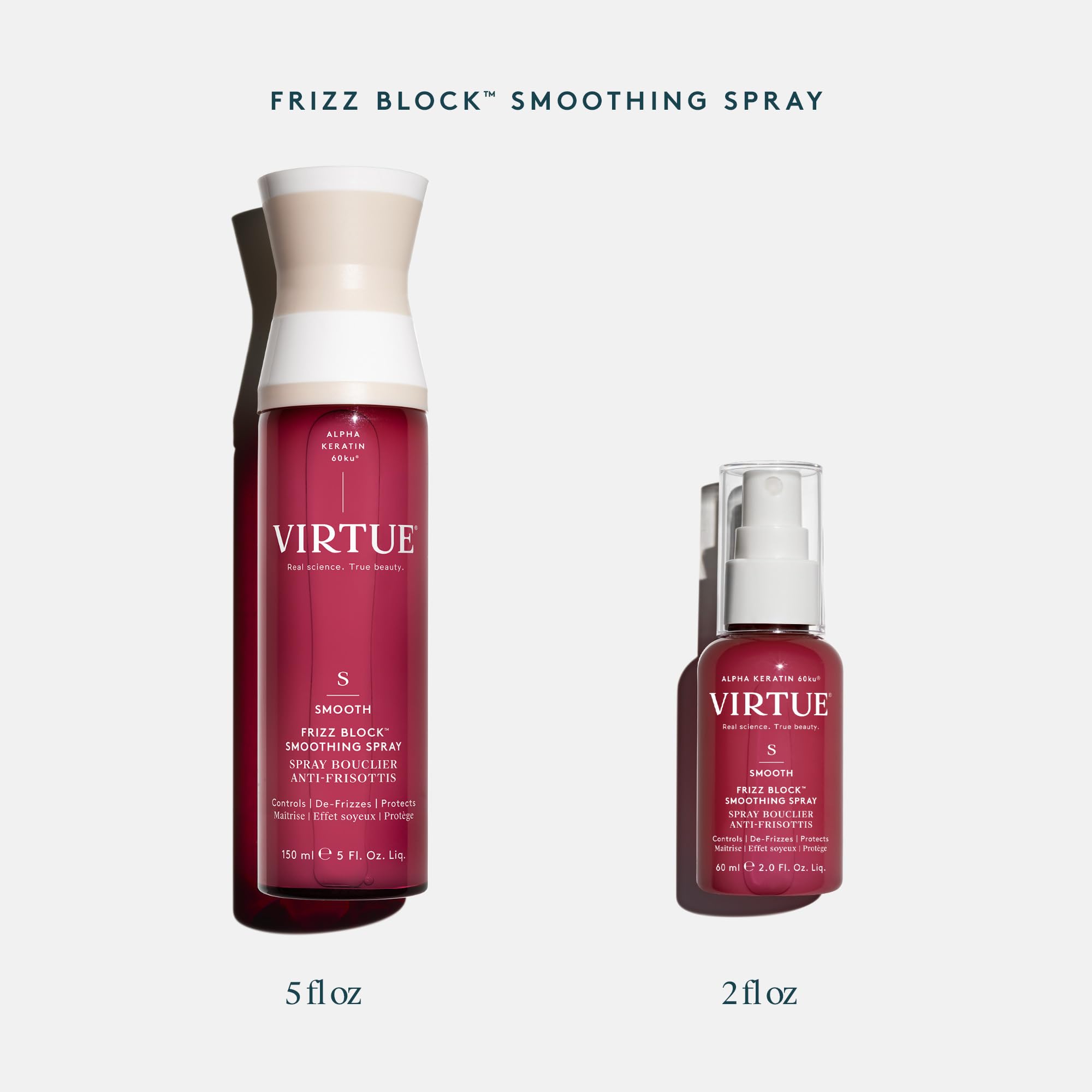 VIRTUE Frizz Block Smoothing Spray in humid environment showing long-lasting frizz protection.