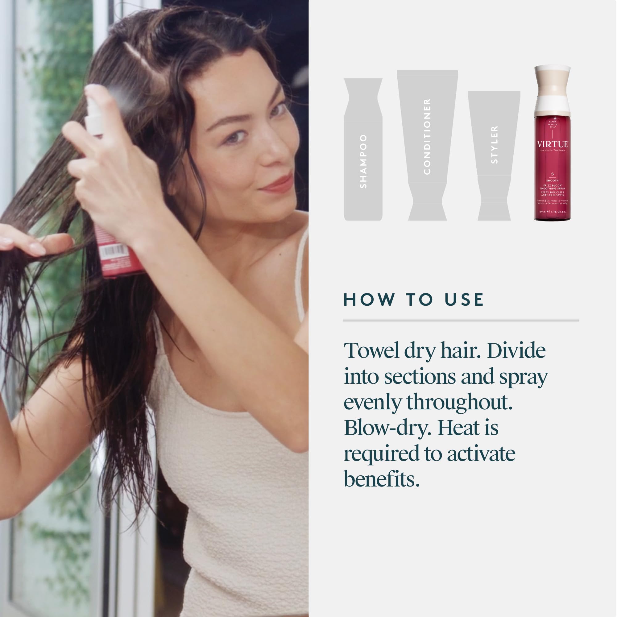 VIRTUE Frizz Block Smoothing Spray bottle with UV protection concept.
