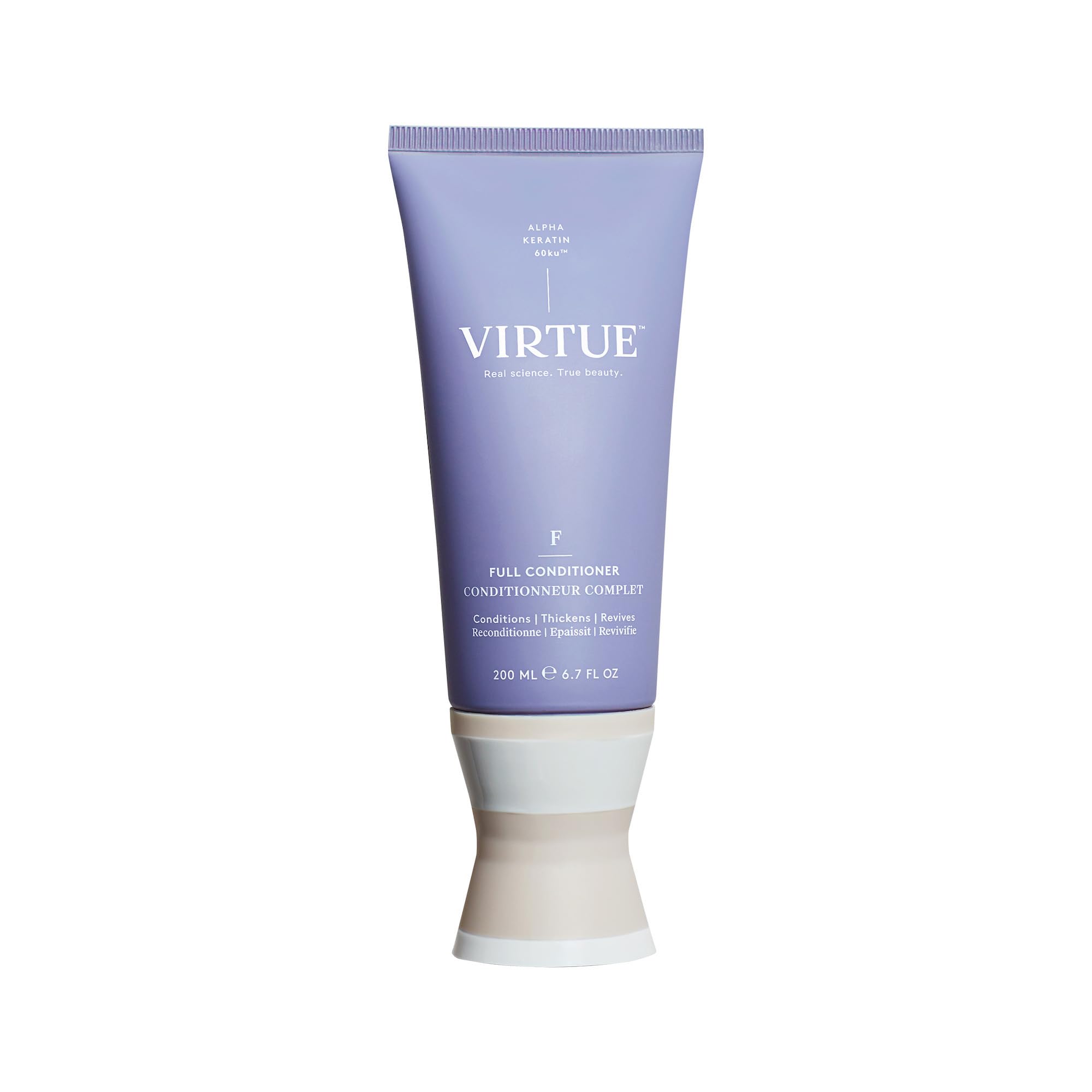 VIRTUE Full Conditioner bottle pour demonstrates lightweight conditioning for soft, manageable hair.