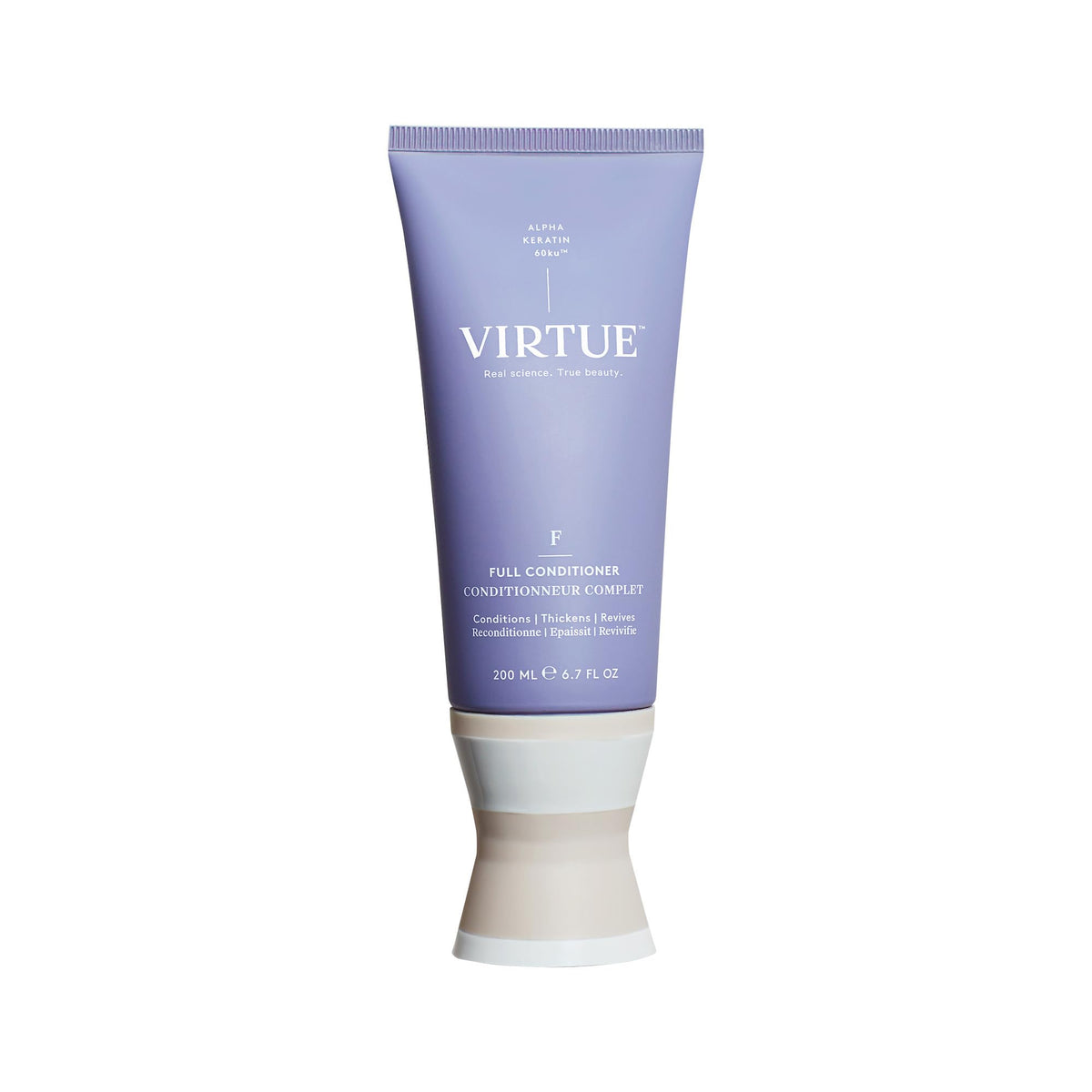 VIRTUE Full Conditioner bottle pour demonstrates lightweight conditioning for soft, manageable hair.
