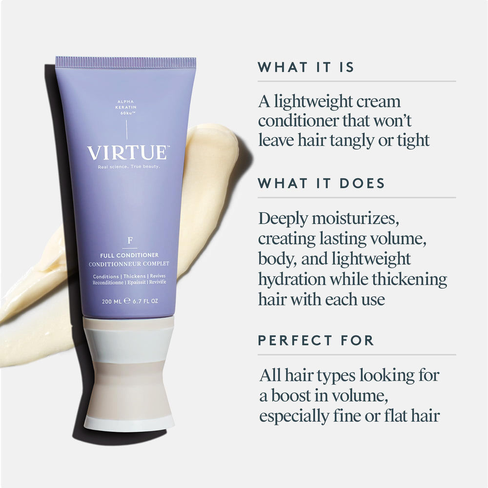 VIRTUE Full Conditioner citrus-floral fragrance image evokes refreshing scent during wash.