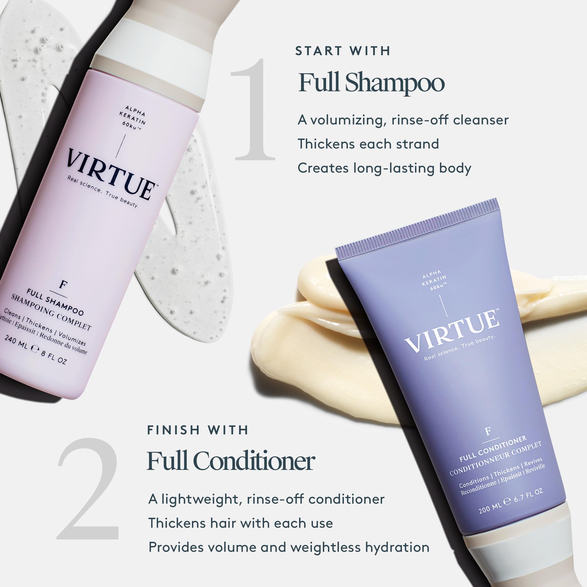 VIRTUE Full Conditioner sulfate-free label indicates gentle conditioning without harsh sulfates.