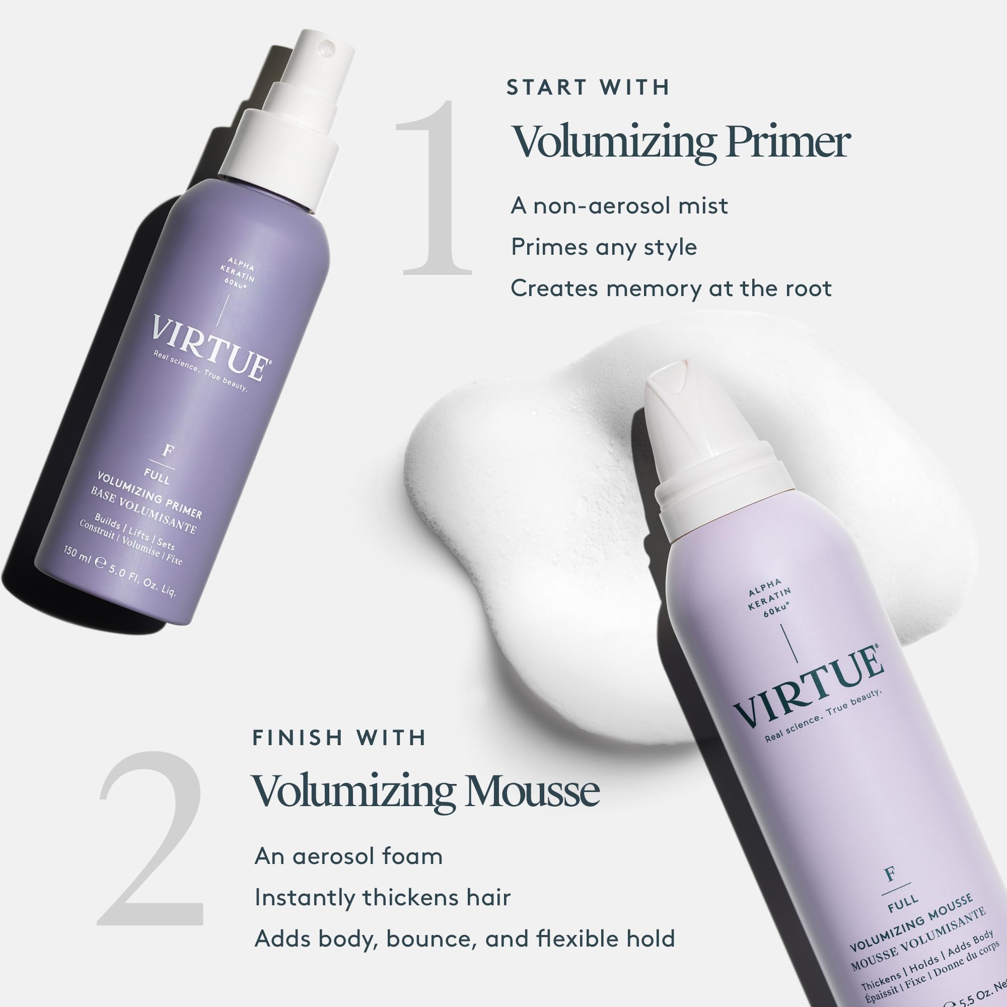 Virtue Full Volumizing Hair Mousse before and after image highlighting added body and bounce.