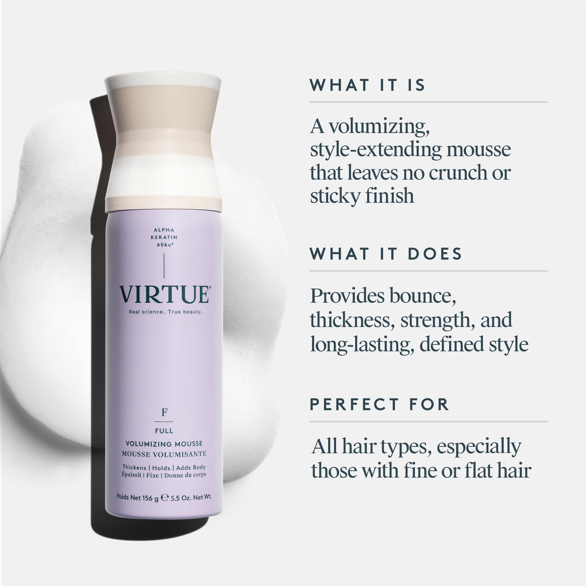 Virtue Full Volumizing Hair Mousse foam-dispense captured mid-press for lightweight lift.