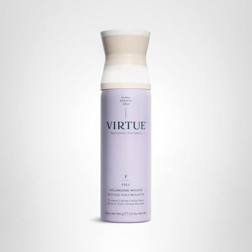 Virtue Full Volumizing Hair Mousse close-up of keratin and baobab ingredients for strength and shine.