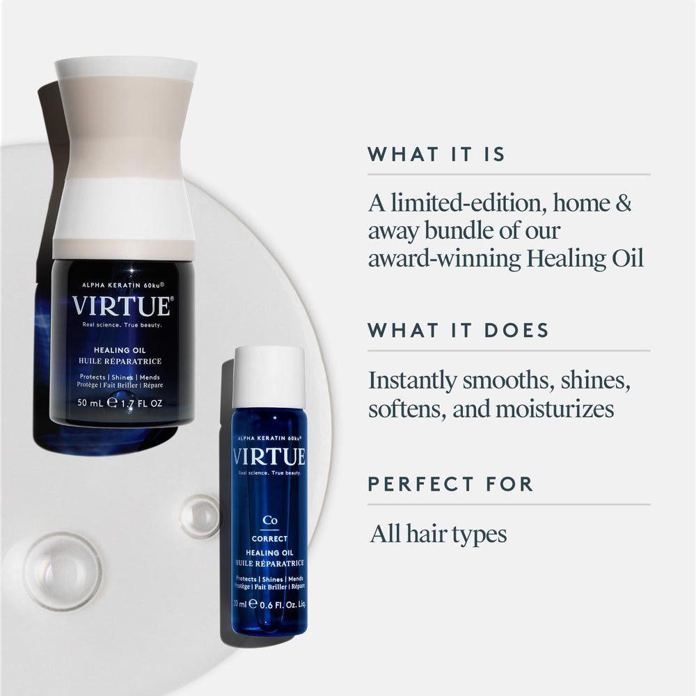 VIRTUE Healing Hair Oil shake display highlights blend as you mix for lightweight, non-greasy absorption.