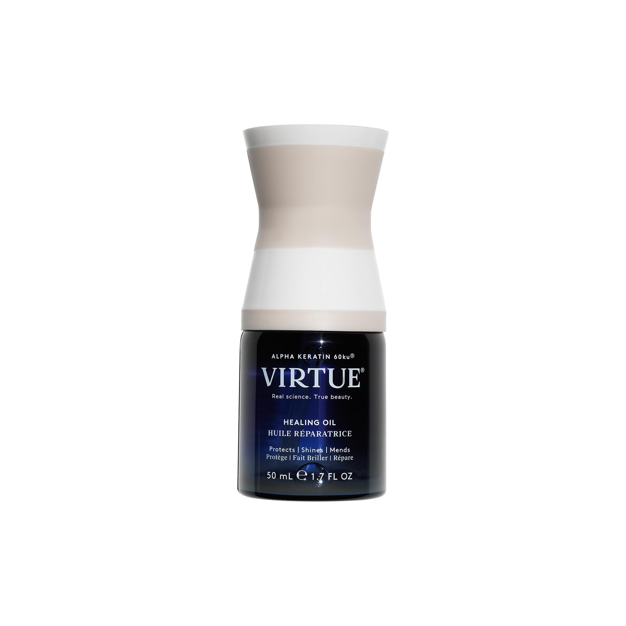 VIRTUE Healing Oil bottle closeup shows ultra-lightweight formula for fast absorption