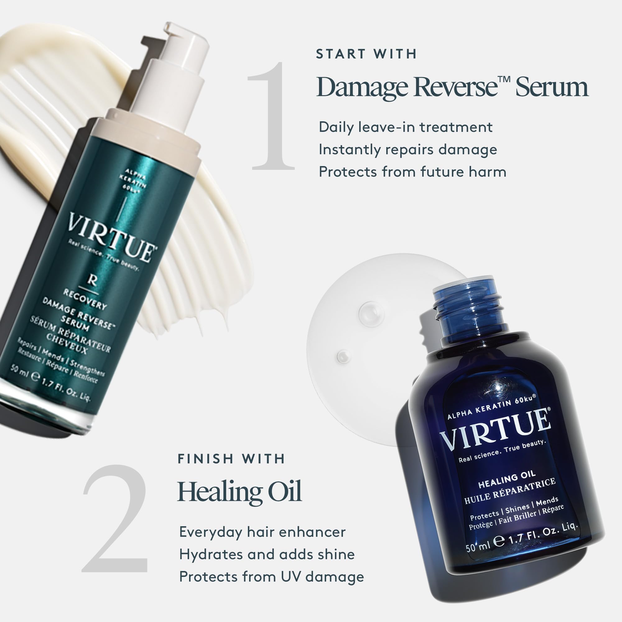 VIRTUE Healing Oil color-treated hair-safe badge indicates suitability for treated tresses