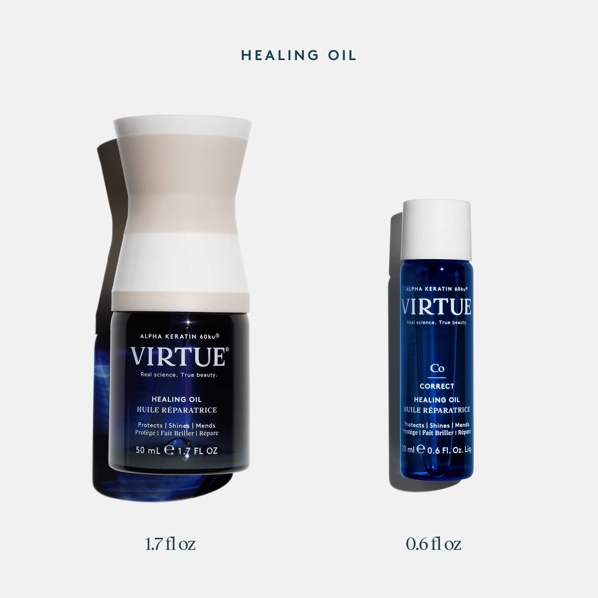 VIRTUE Healing Oil finish application on damp hair showing lightweight texture