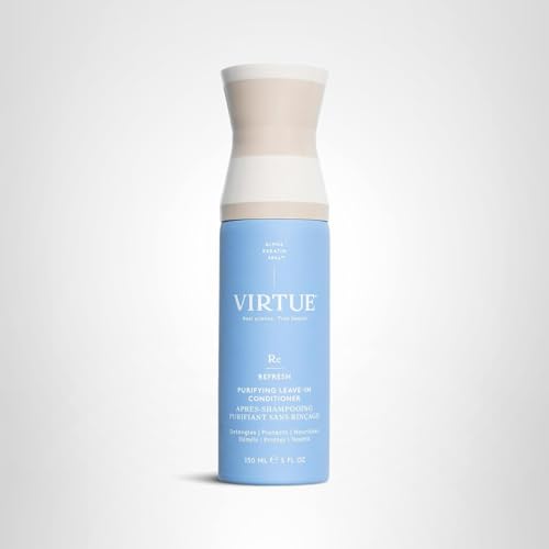 VIRTUE Purifying Leave-In Hair Conditioner Spray placed on bathroom shelf for everyday routine