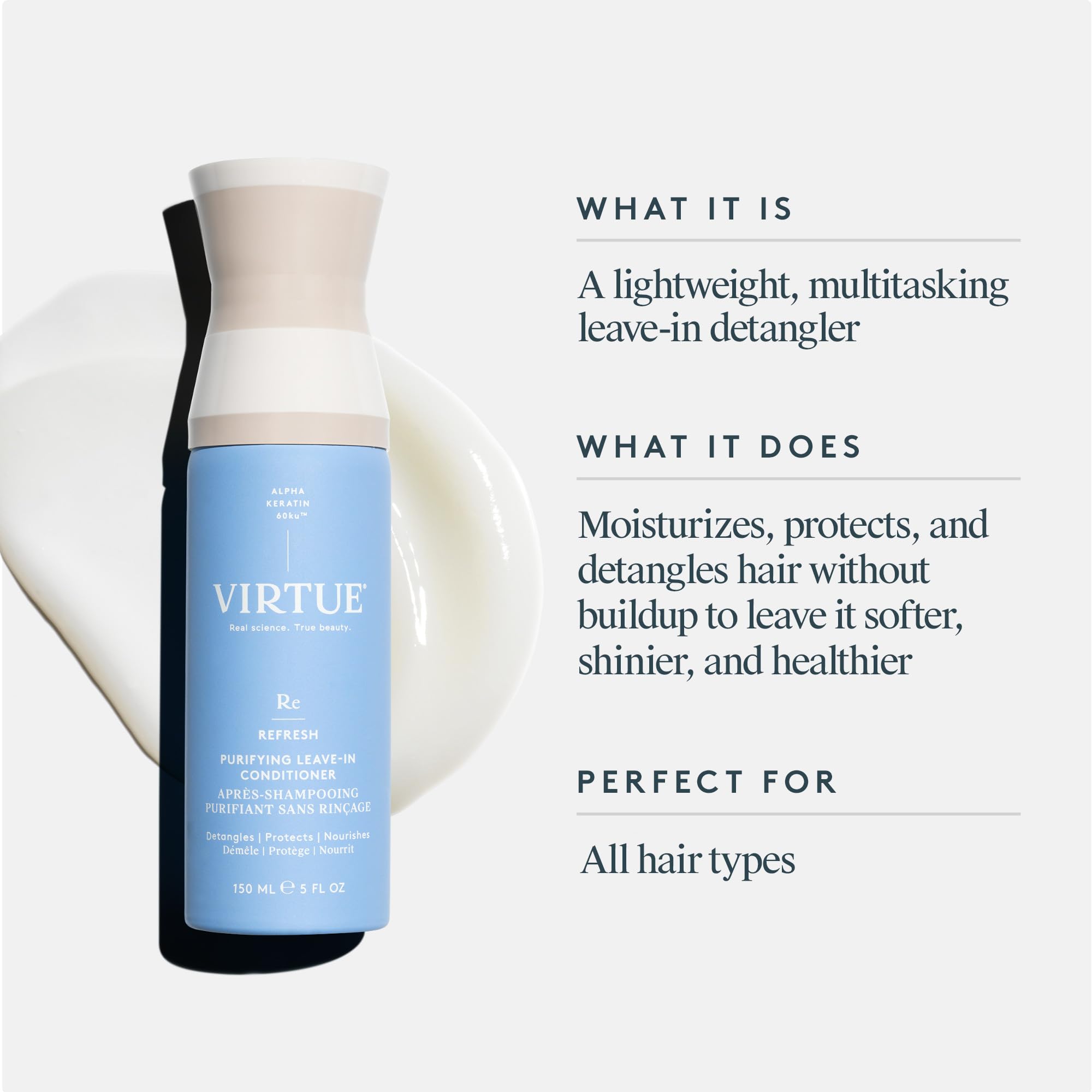 VIRTUE Purifying Leave-In Hair Conditioner Spray mist on hair for detangling and smoothness
