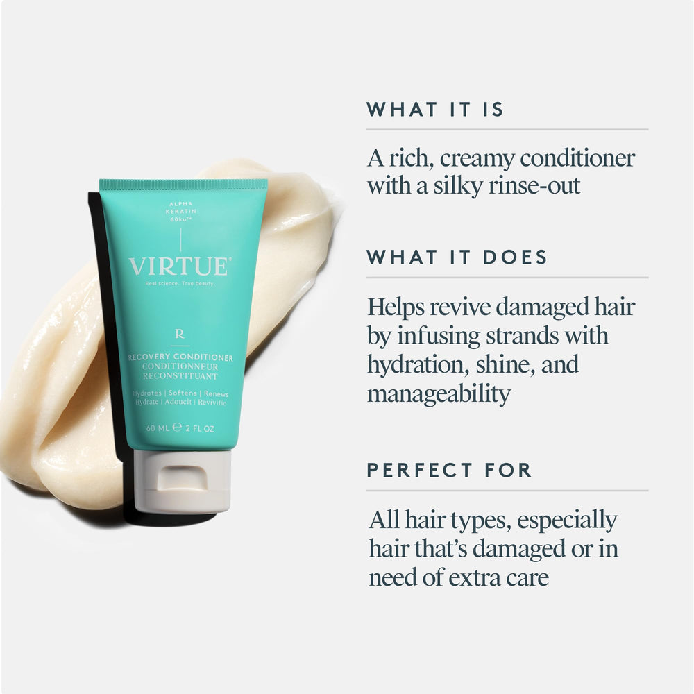 VIRTUE Recovery Conditioner creamy texture gliding through damaged hair for softness.
