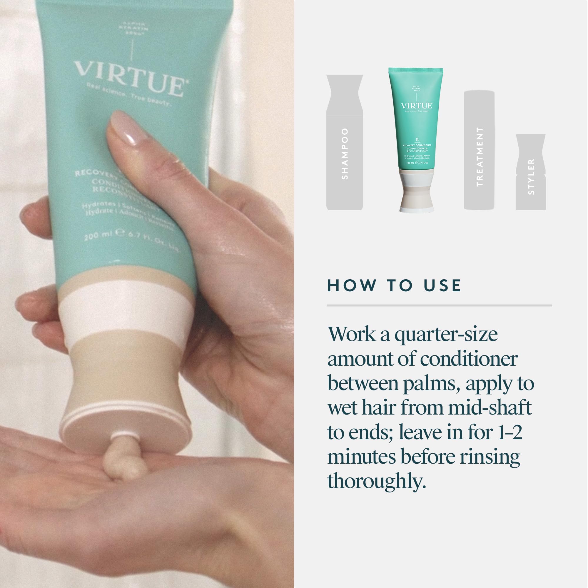 Cruelty-free badge shown with VIRTUE Recovery Conditioner packaging.