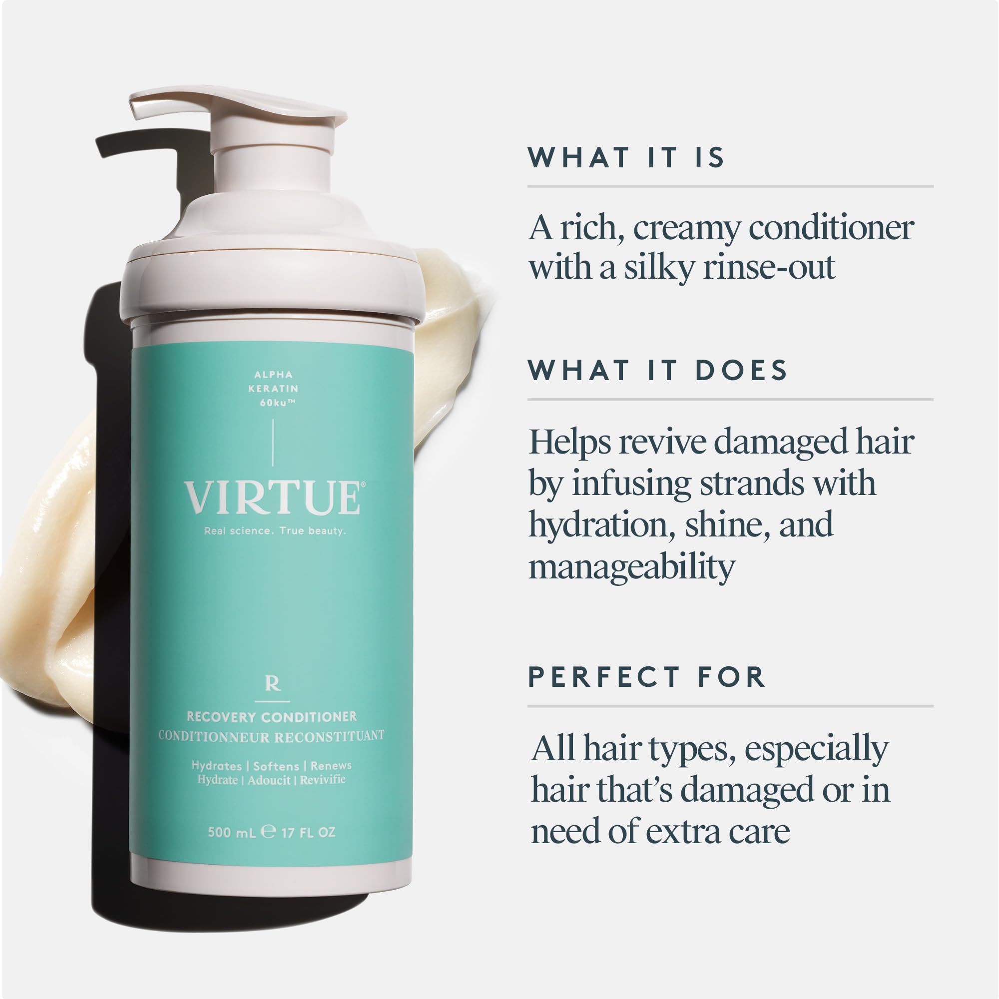 Close-up of VIRTUE Recovery Conditioner jar texture and creamy formula