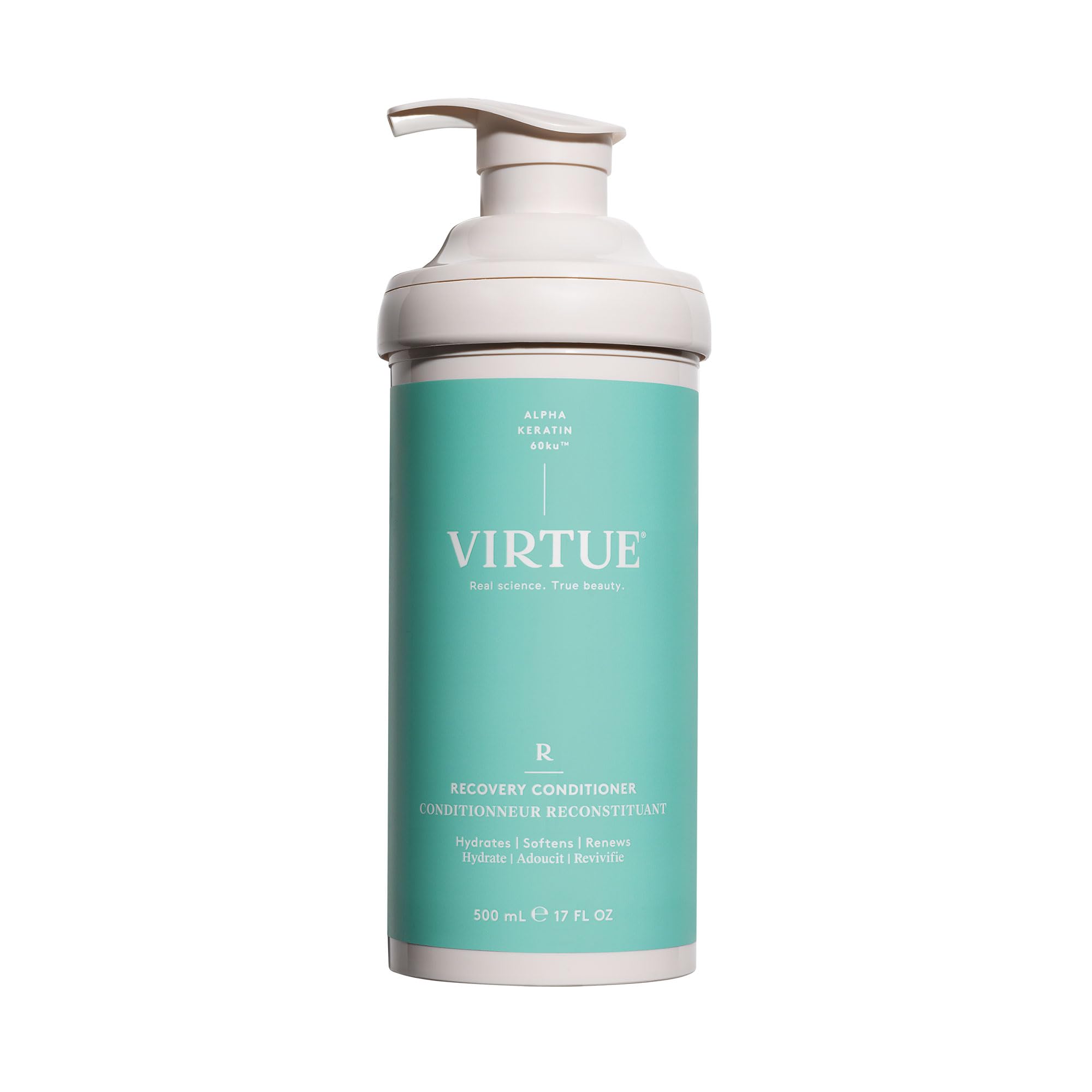 VIRTUE Recovery Conditioner bottle showcases keratin for smoother, shinier hair