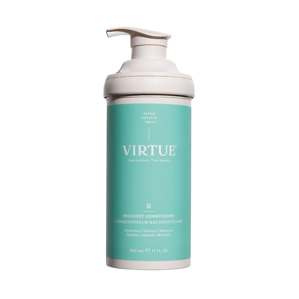 VIRTUE Recovery Conditioner bottle showcases keratin for smoother, shinier hair