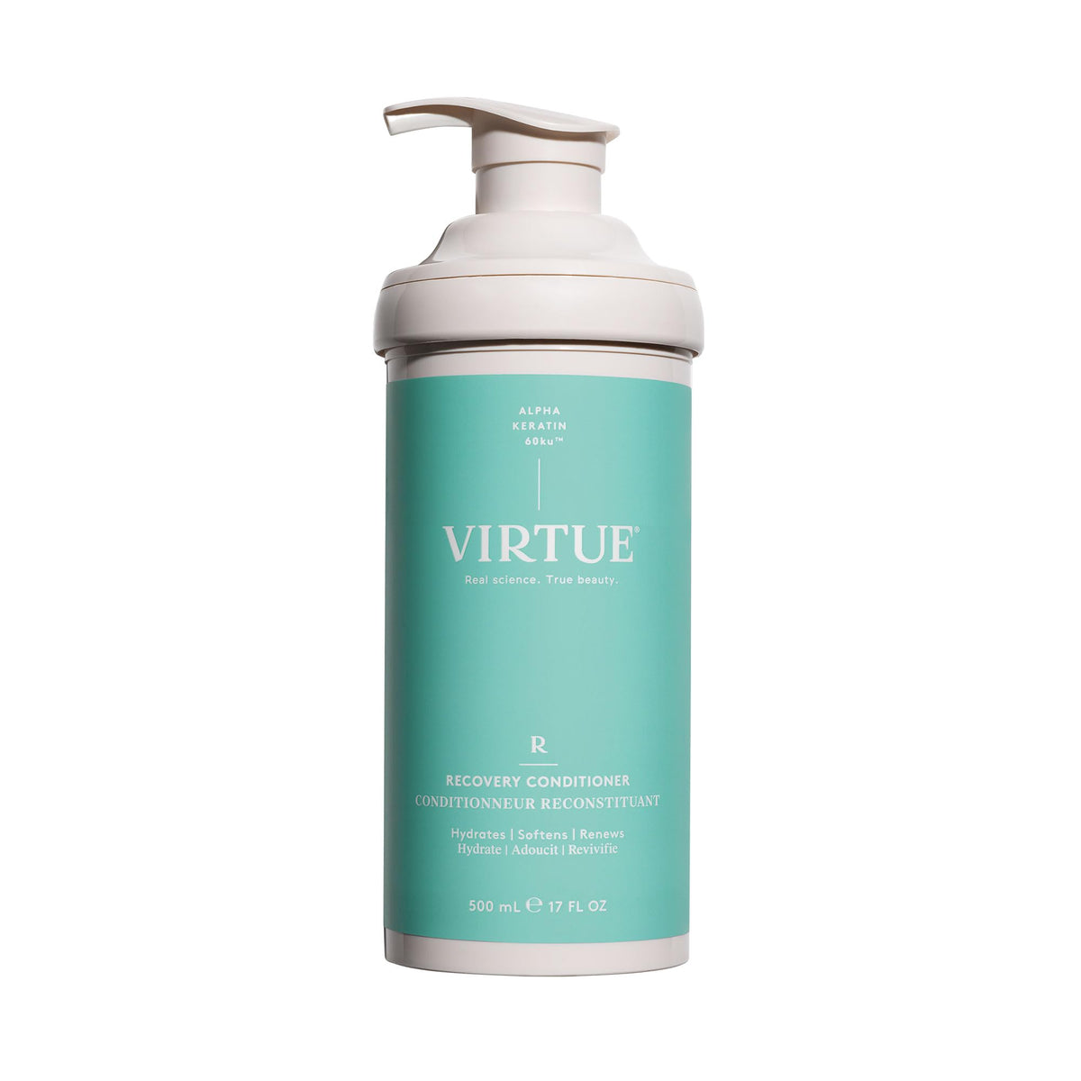 VIRTUE Recovery Conditioner bottle showcases keratin for smoother, shinier hair