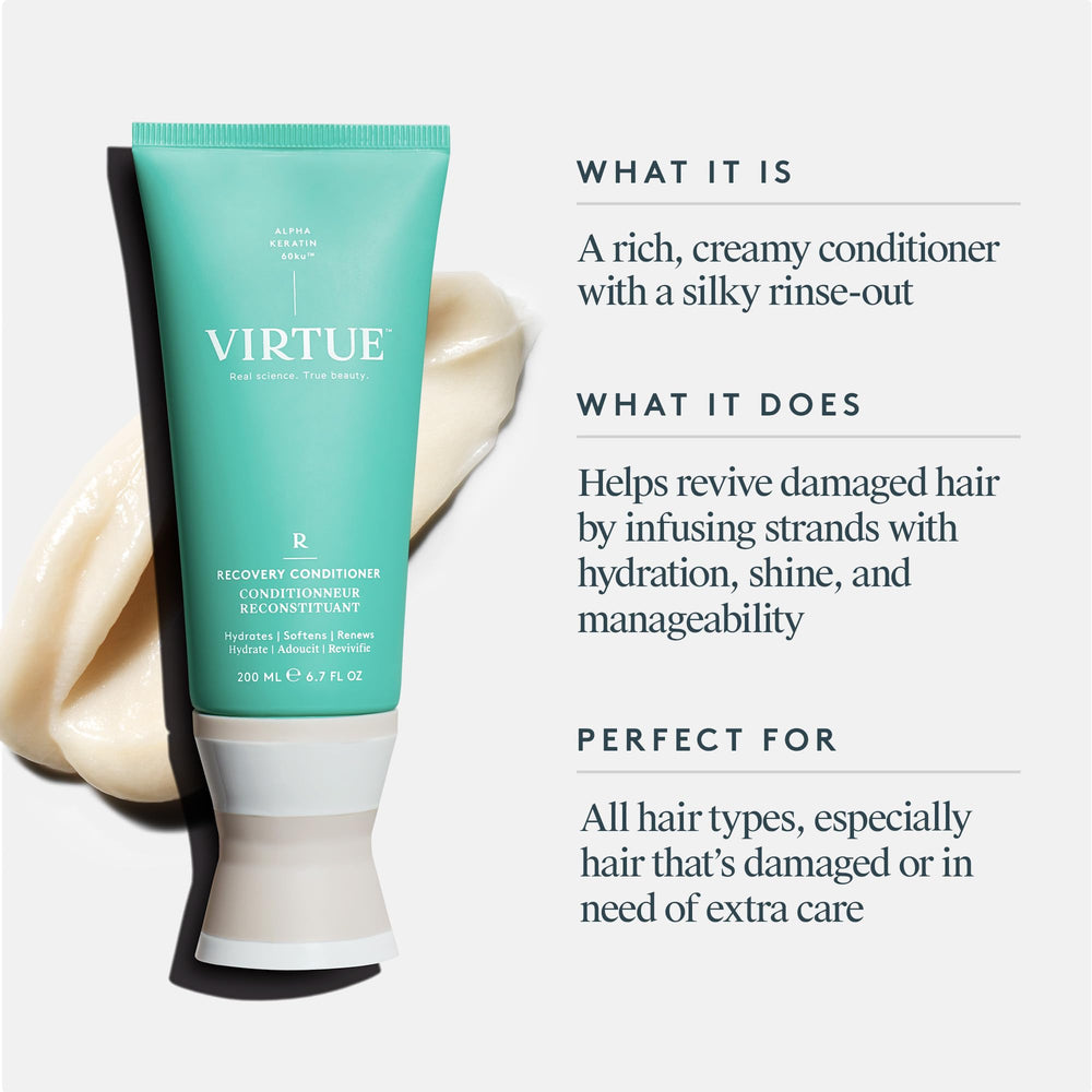 VIRTUE Recovery Conditioner wet hair close-up shows softening of ends