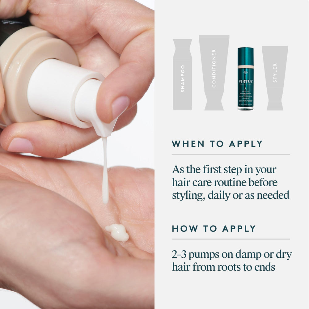 VIRTUE Recovery Damage Reverse Hair Serum demonstrated as the first step in daily hair care.
