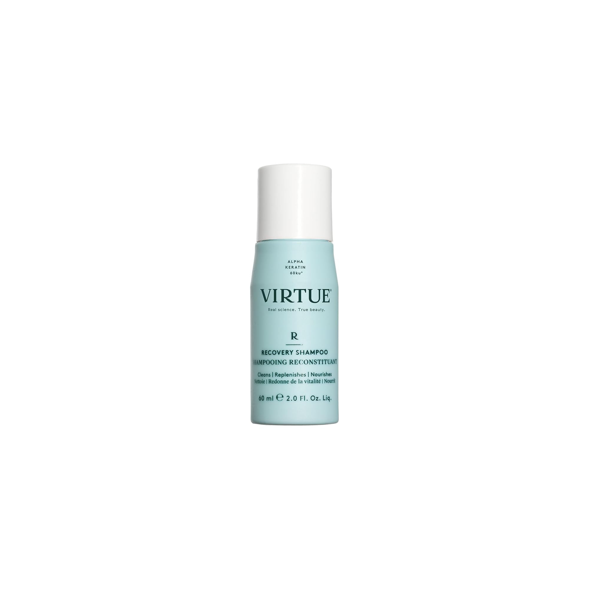 VIRTUE Recovery Shampoo bottle closeup highlights keratin infusion for damaged hair.