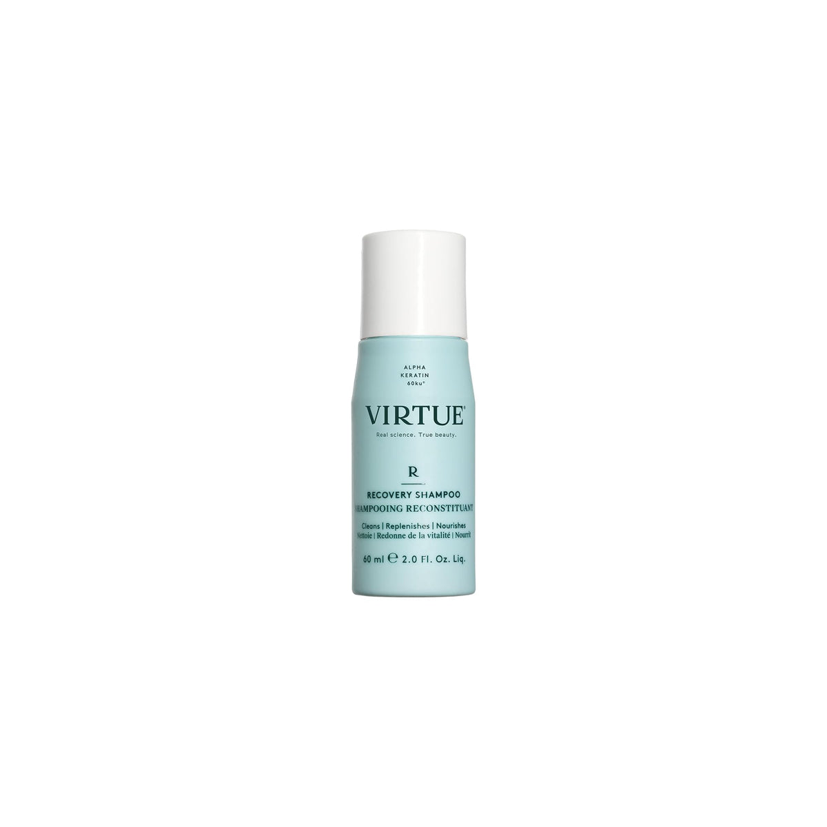 VIRTUE Recovery Shampoo bottle closeup highlights keratin infusion for damaged hair.