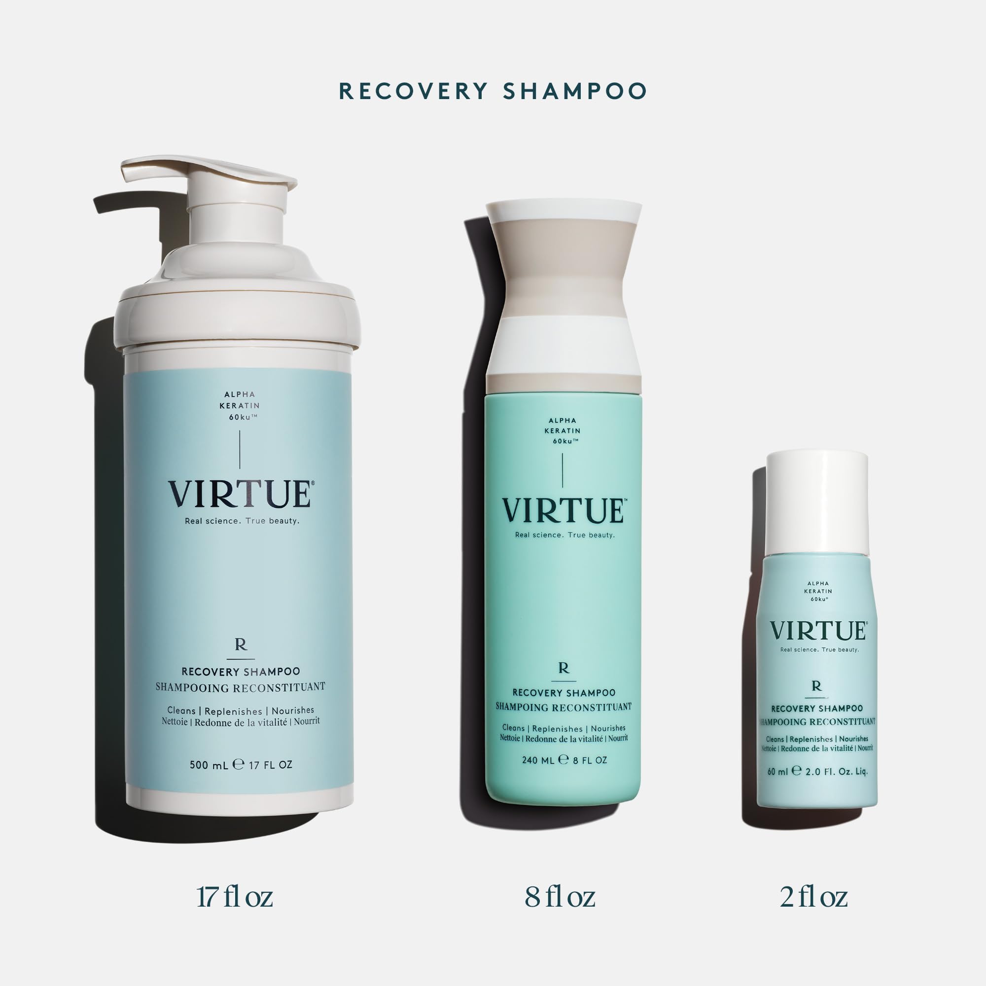 VIRTUE Recovery Shampoo color-safe label indicates safety for color-treated hair.