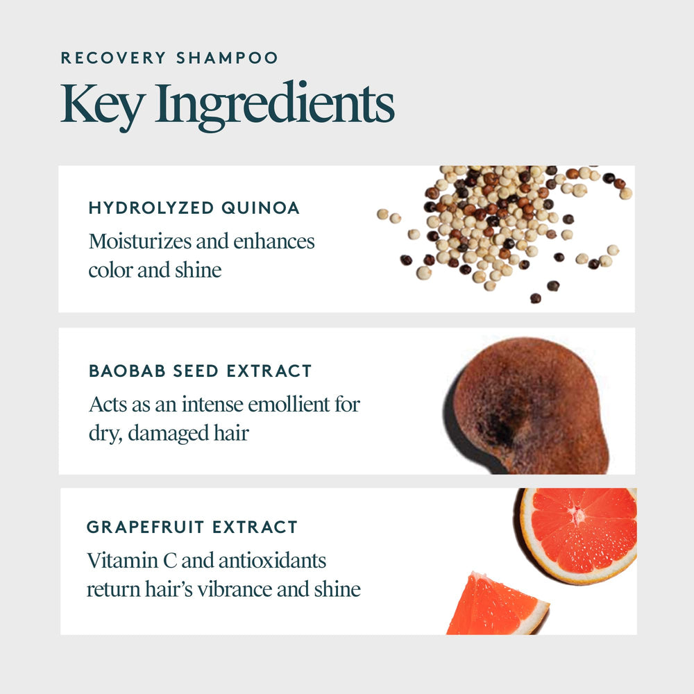 VIRTUE Recovery Shampoo bottle with Alpha Keratin 60ku highlights repair of cuticle cracks.