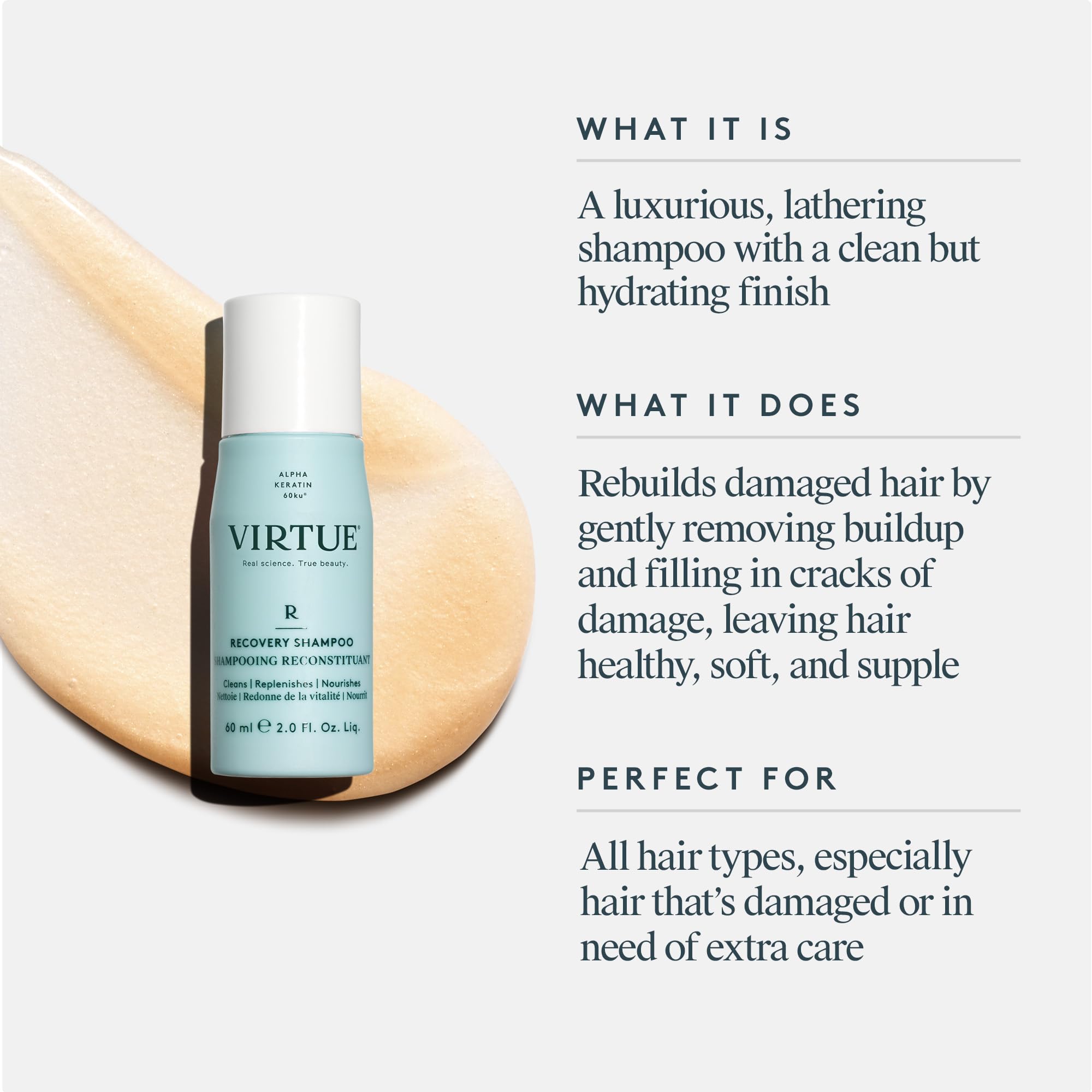 VIRTUE Recovery Shampoo lather-foam demonstrates luxurious cleansing without sulfates for color-safe hair.