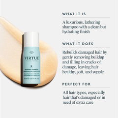 VIRTUE Recovery Shampoo lather-foam demonstrates luxurious cleansing without sulfates for color-safe hair.