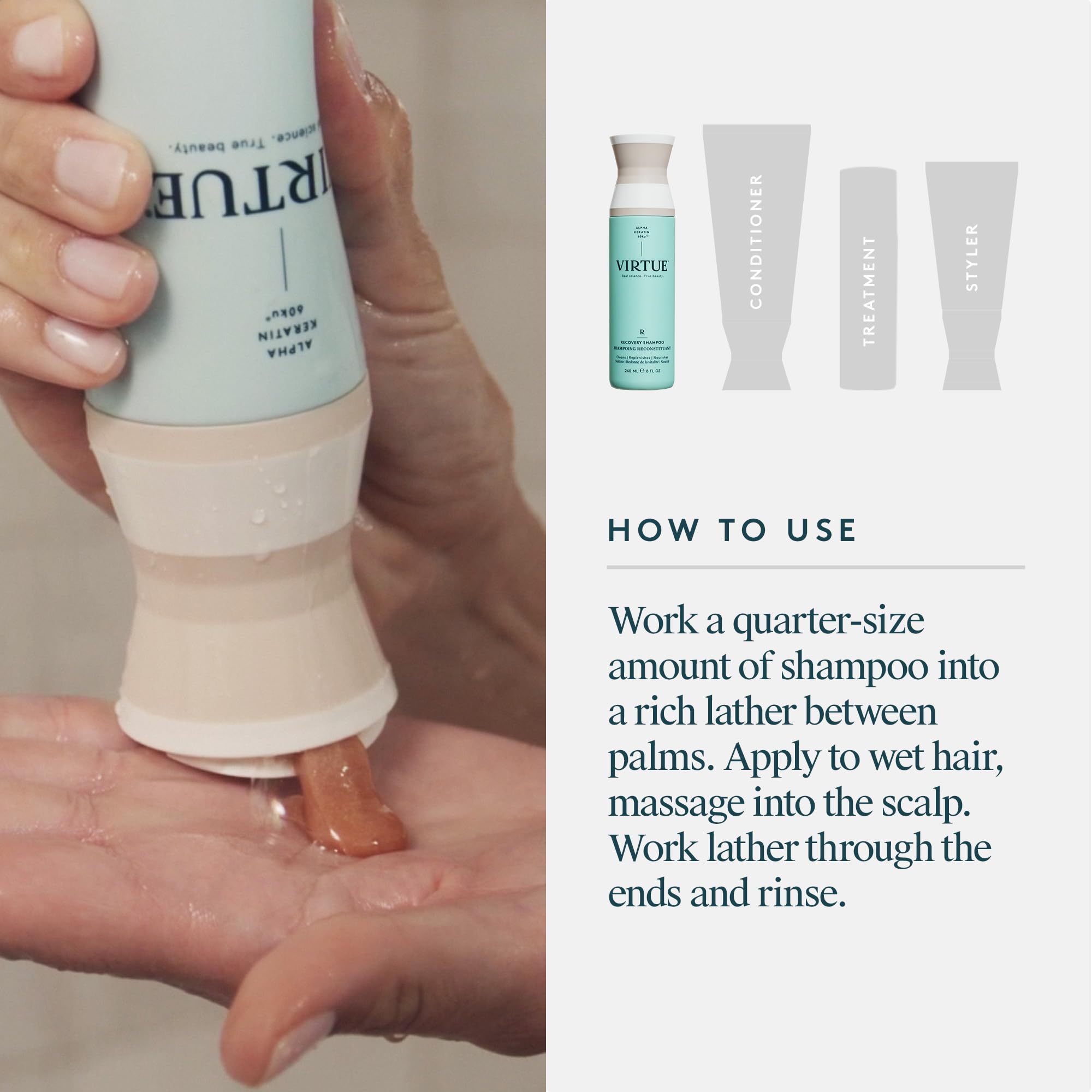 VIRTUE Recovery Shampoo rinse splash illustrates refreshing, lightweight finish.