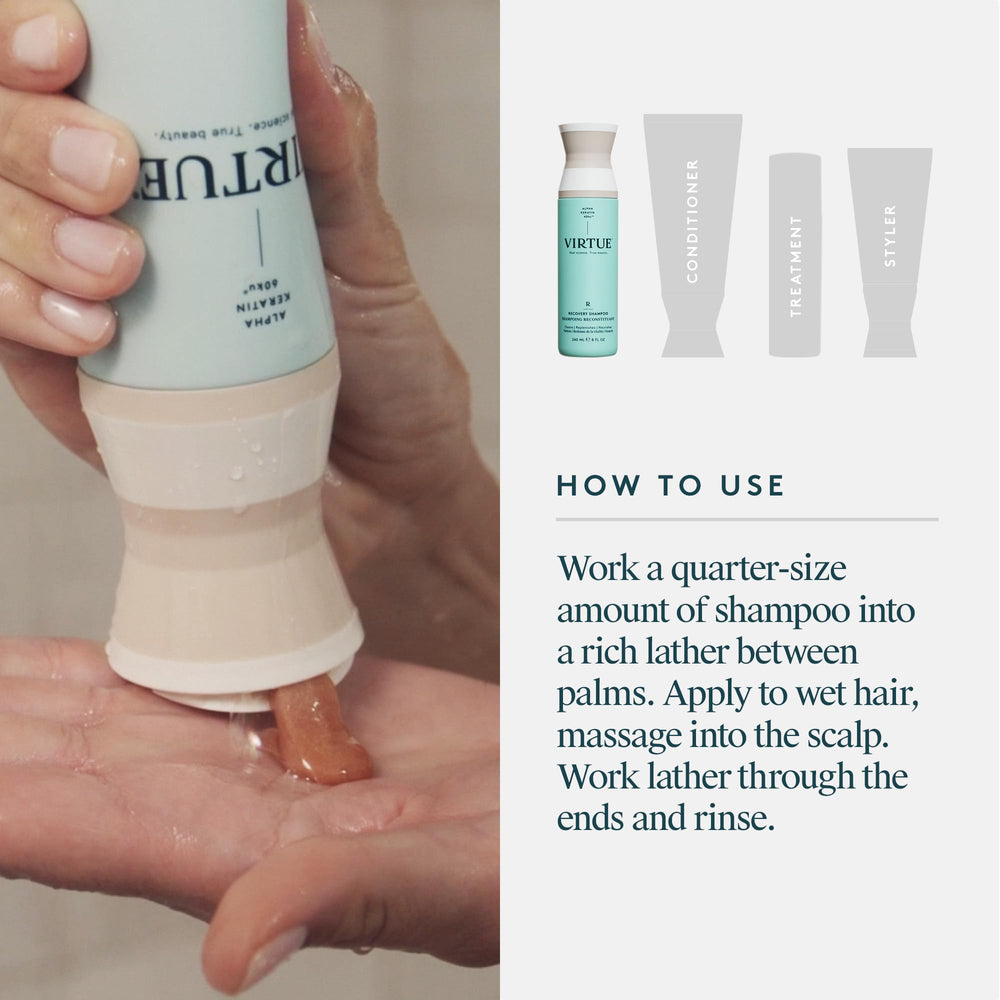 VIRTUE Recovery Shampoo rinse splash illustrates refreshing, lightweight finish.