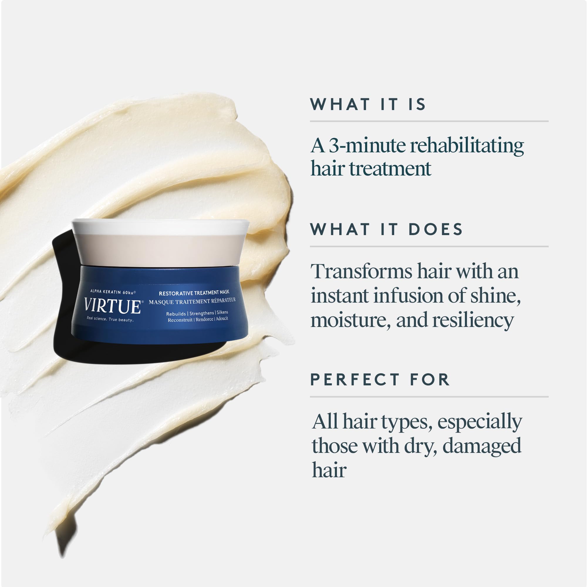 VIRTUE Restorative Hair Mask color-safe swatch confirms compatibility with color-treated hair