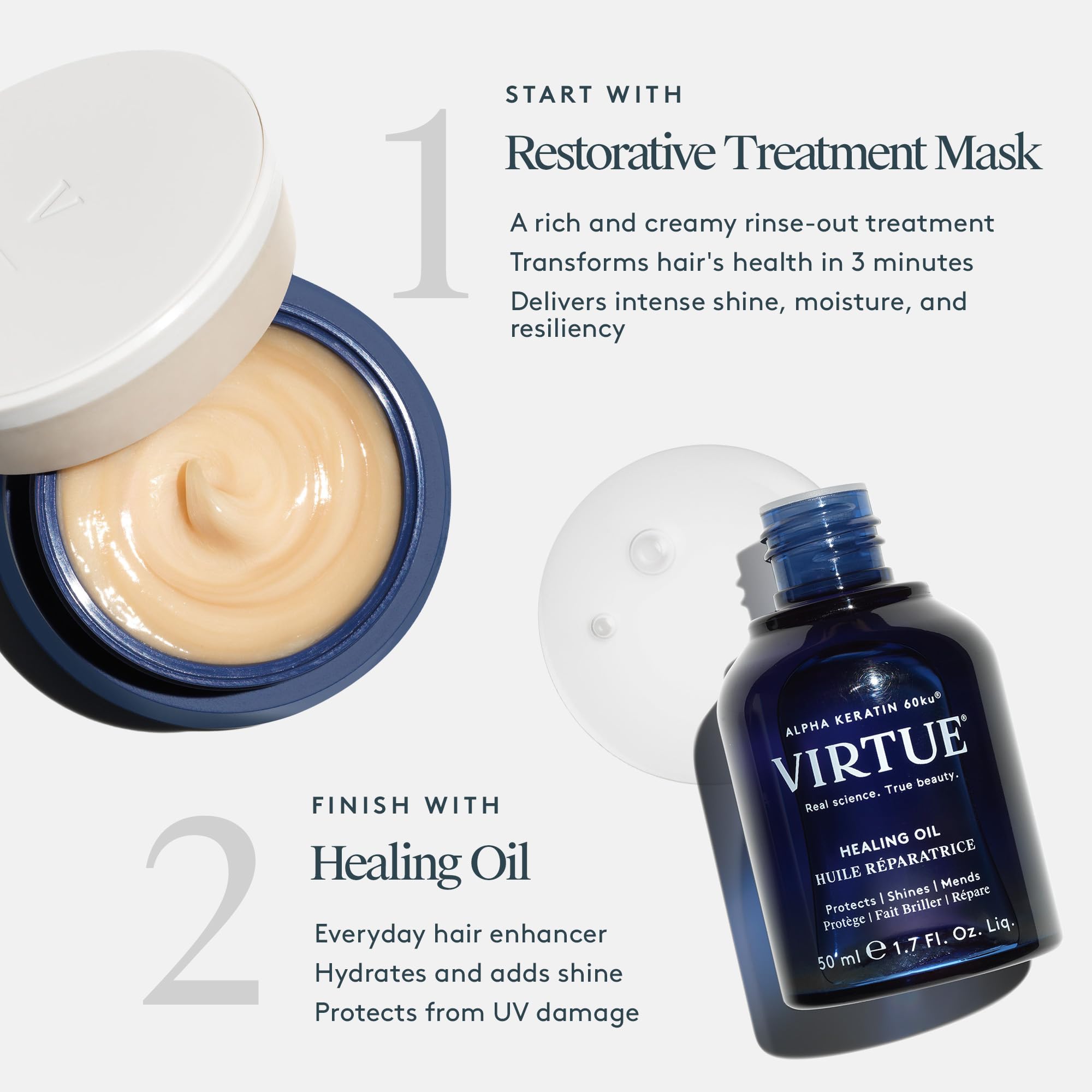 VIRTUE Restorative Hair Mask ingredients-keratin-baobab showcases strengthened, moisturized strands