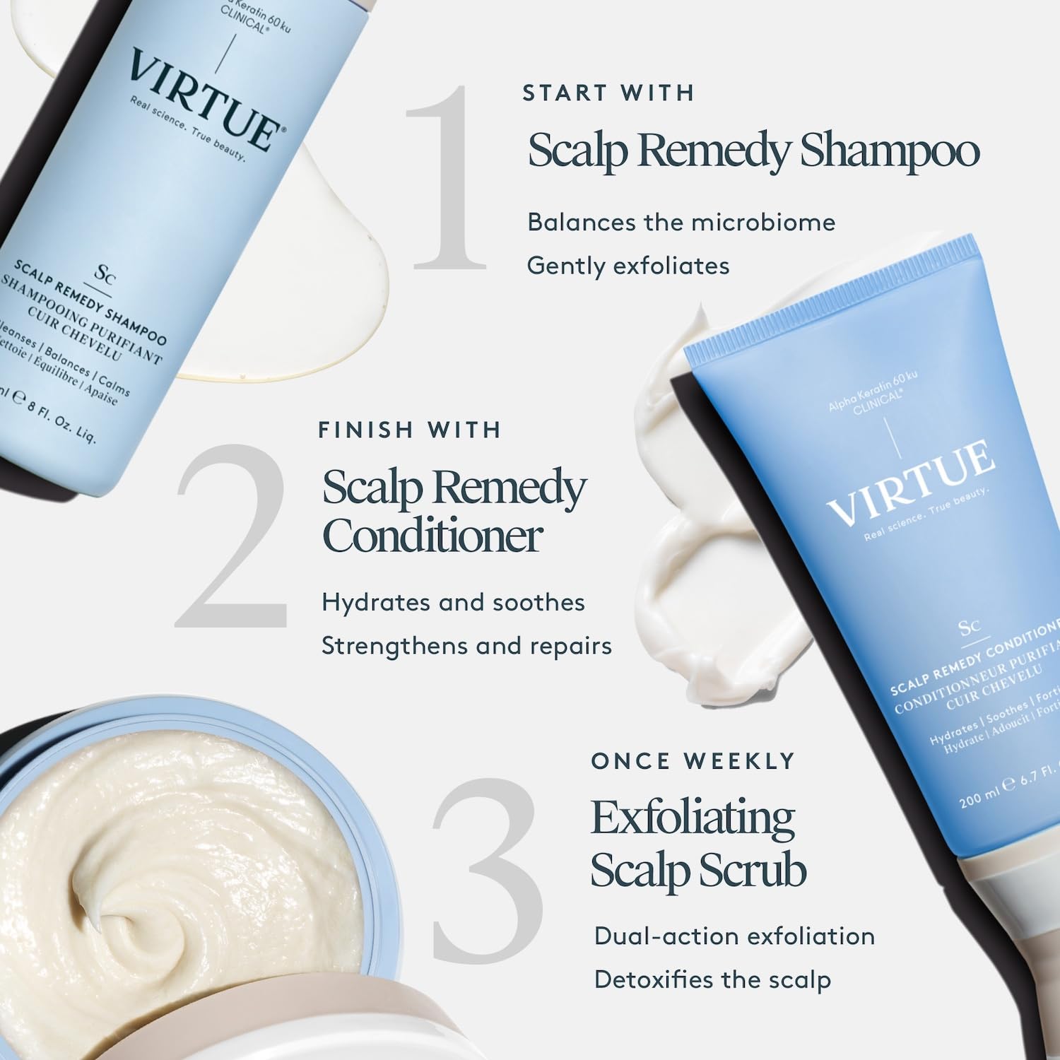 VIRTUE Scalp Remedy conditioner texture close-up shows lightweight cream for roots
