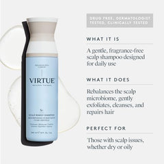 VIRTUE Scalp Remedy Shampoo close-up lather shows a light, cleansing foam
