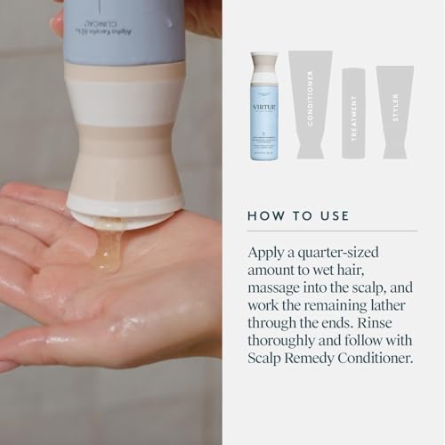VIRTUE Scalp Remedy Shampoo rinse image reveals refreshed scalp and hair