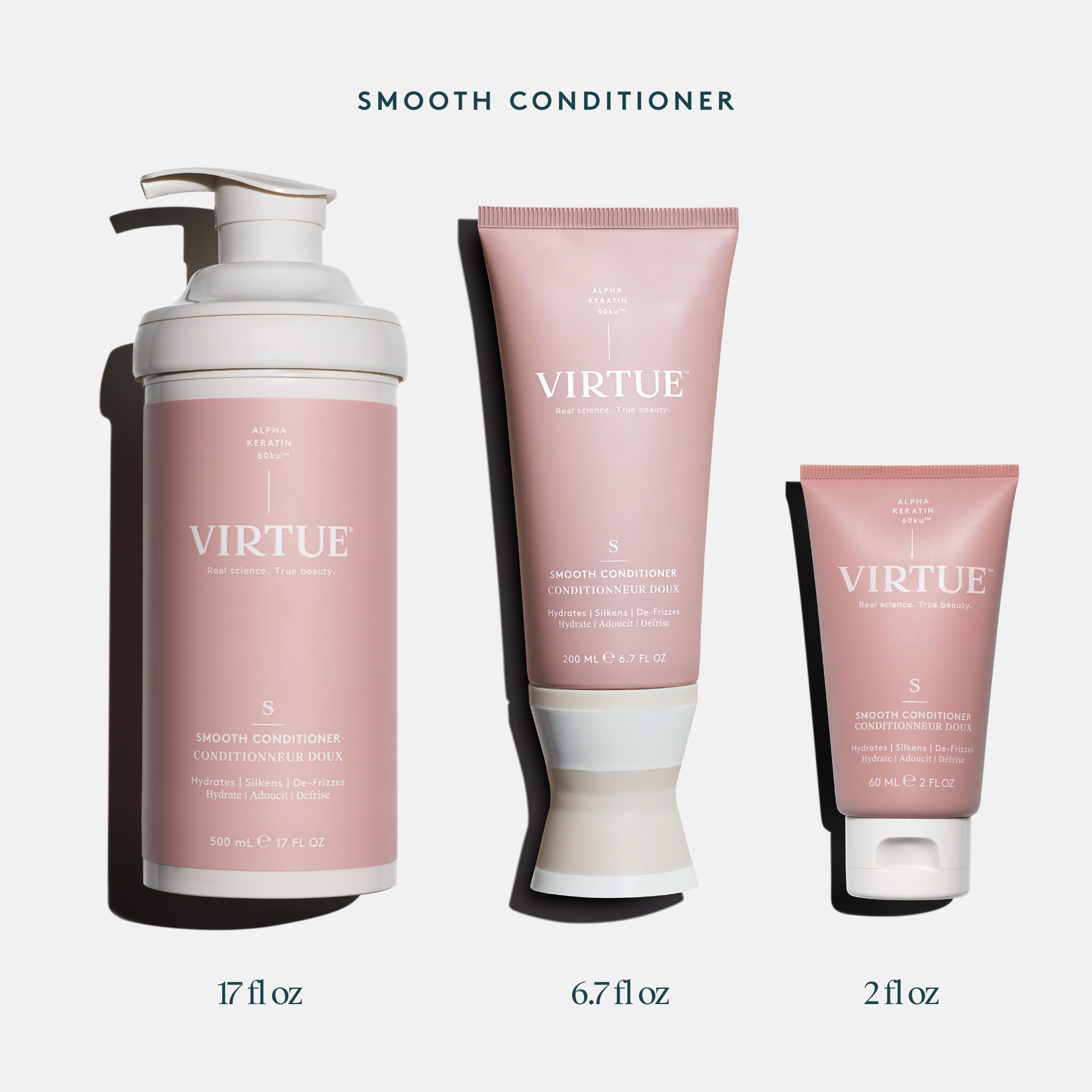Virtue Smooth Conditioner showing visible frizz reduction and shine for defined curls.