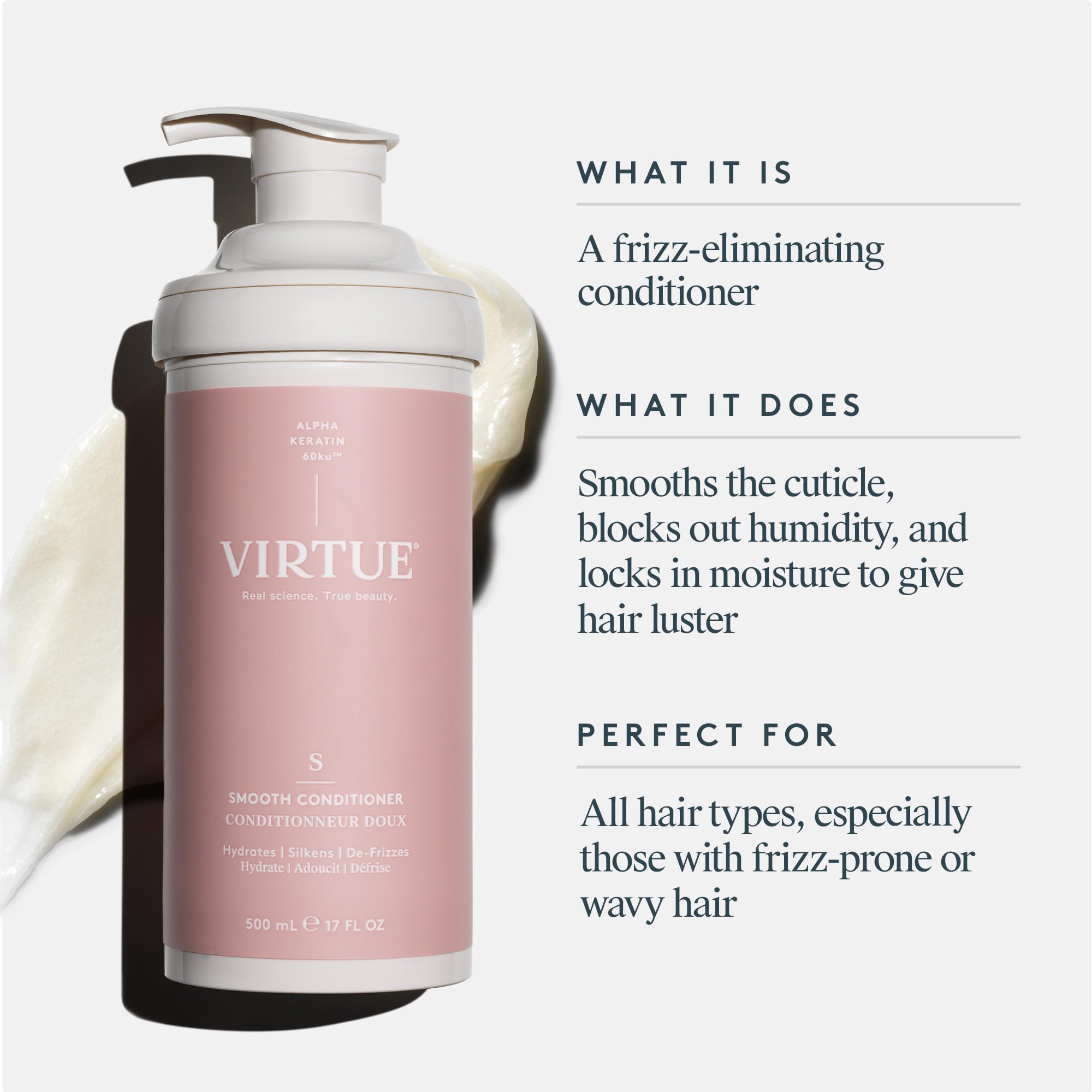 Virtue Smooth Conditioner pump for easy in-shower application and smoothing.
