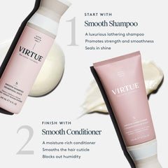 Close-up of Virtue Smooth Conditioner delivering silky, frizz-free strands after use.