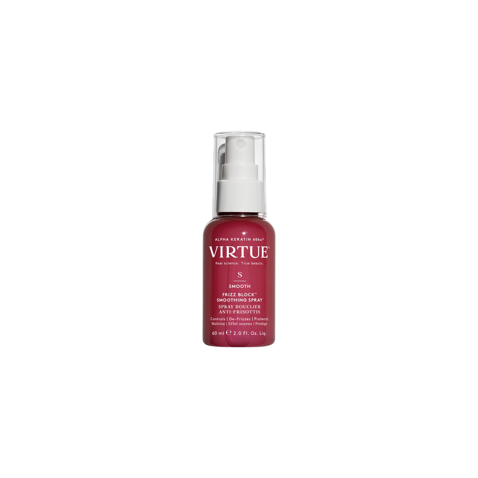 VIRTUE Smooth Frizz Block spray bottle with anti-frizz shield for humidity control.