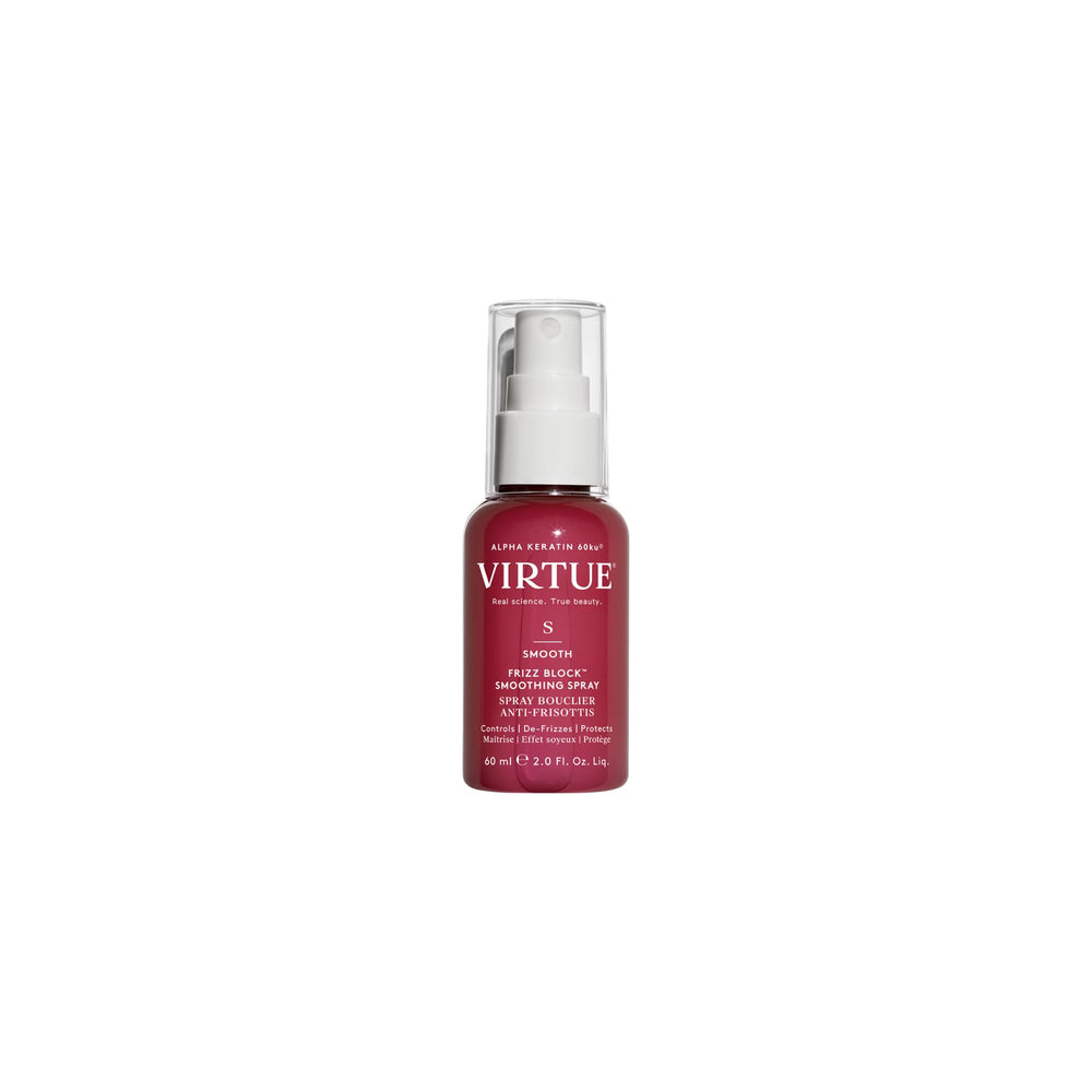 VIRTUE Smooth Frizz Block spray bottle with anti-frizz shield for humidity control.
