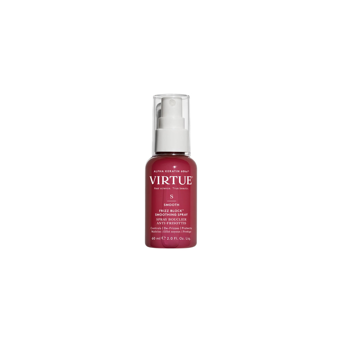 VIRTUE Smooth Frizz Block spray bottle with anti-frizz shield for humidity control.