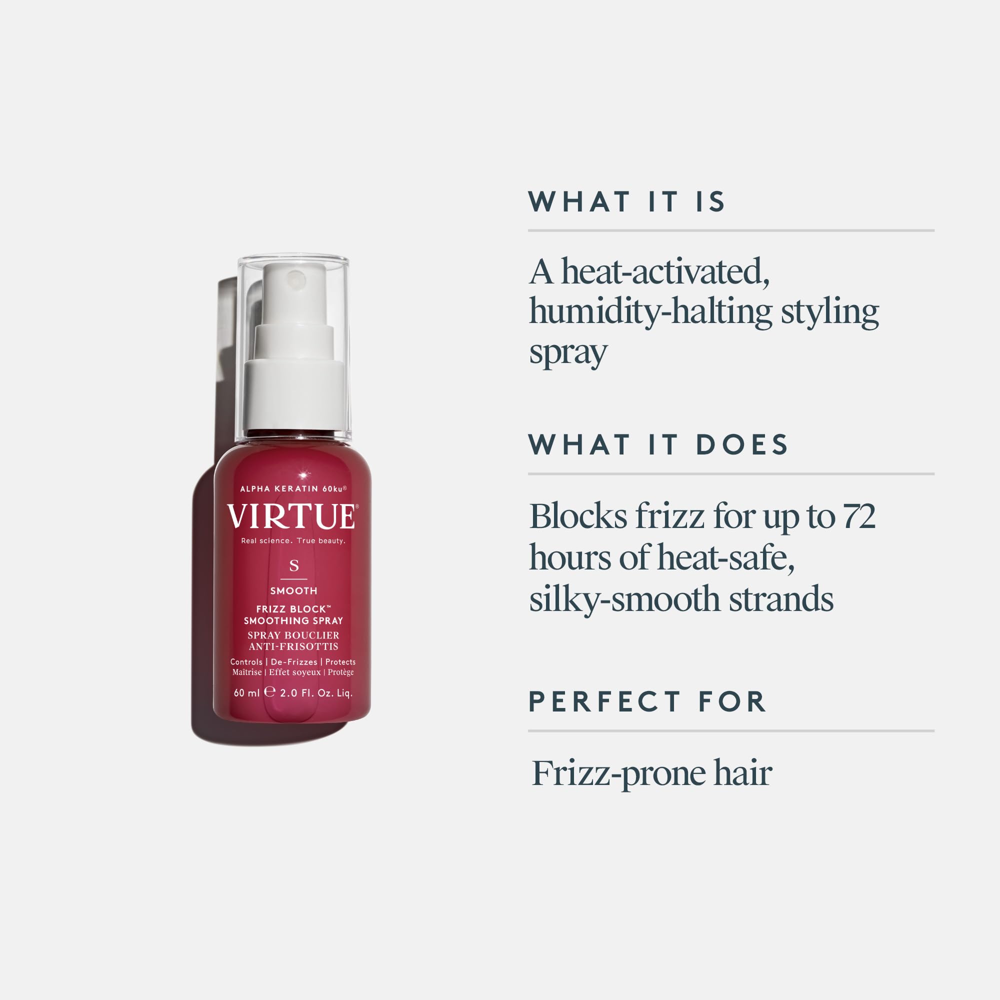 VIRTUE Smooth Frizz Block mist-dispense delivering lightweight styling and quick frizz reduction.