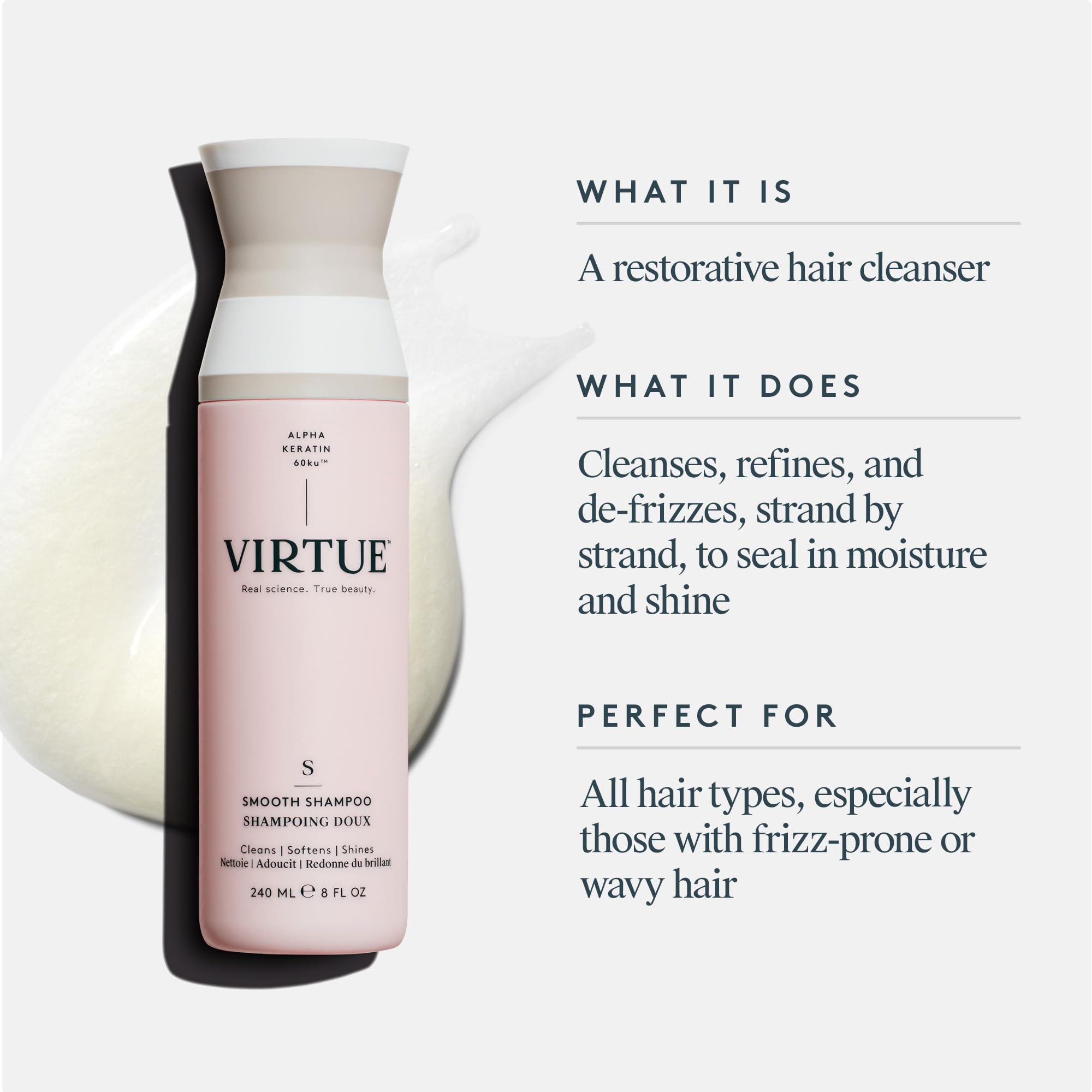 VIRTUE Smooth Shampoo all-hair-types shot promotes universal suitability