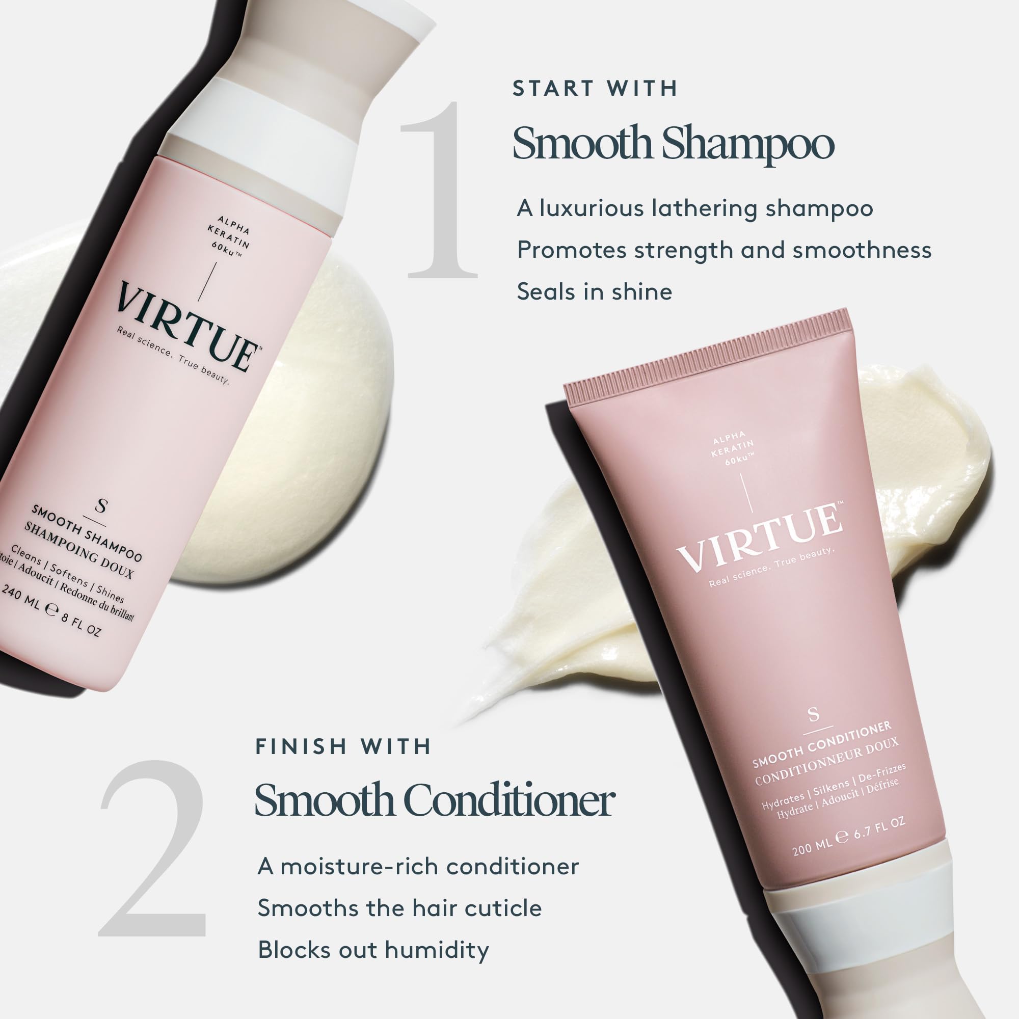 VIRTUE Smooth Shampoo Alpha Keratin 60ku badge emphasizes smoothing power